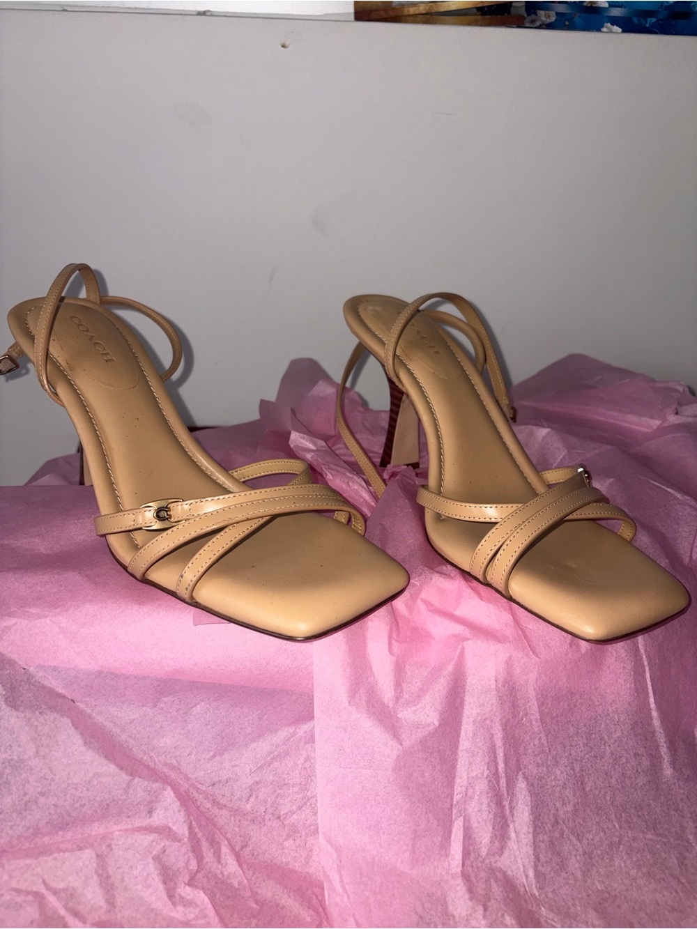 Coach Women's Nude Strappy Square-Toe Heels
